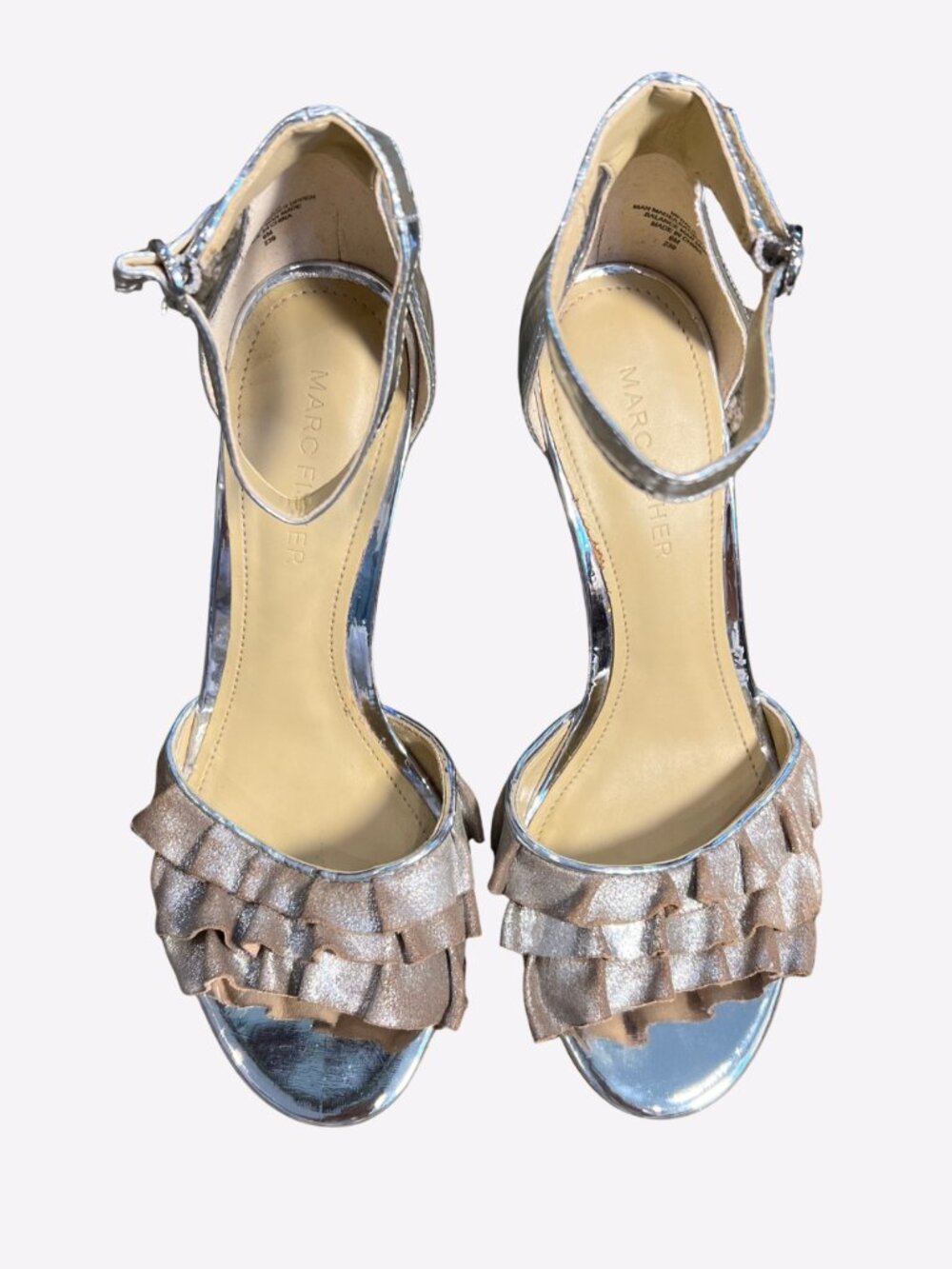 Marc Fisher MFBalia Silver Ruffle Heeled Leather Sandal Womens Size 6 Party Fun